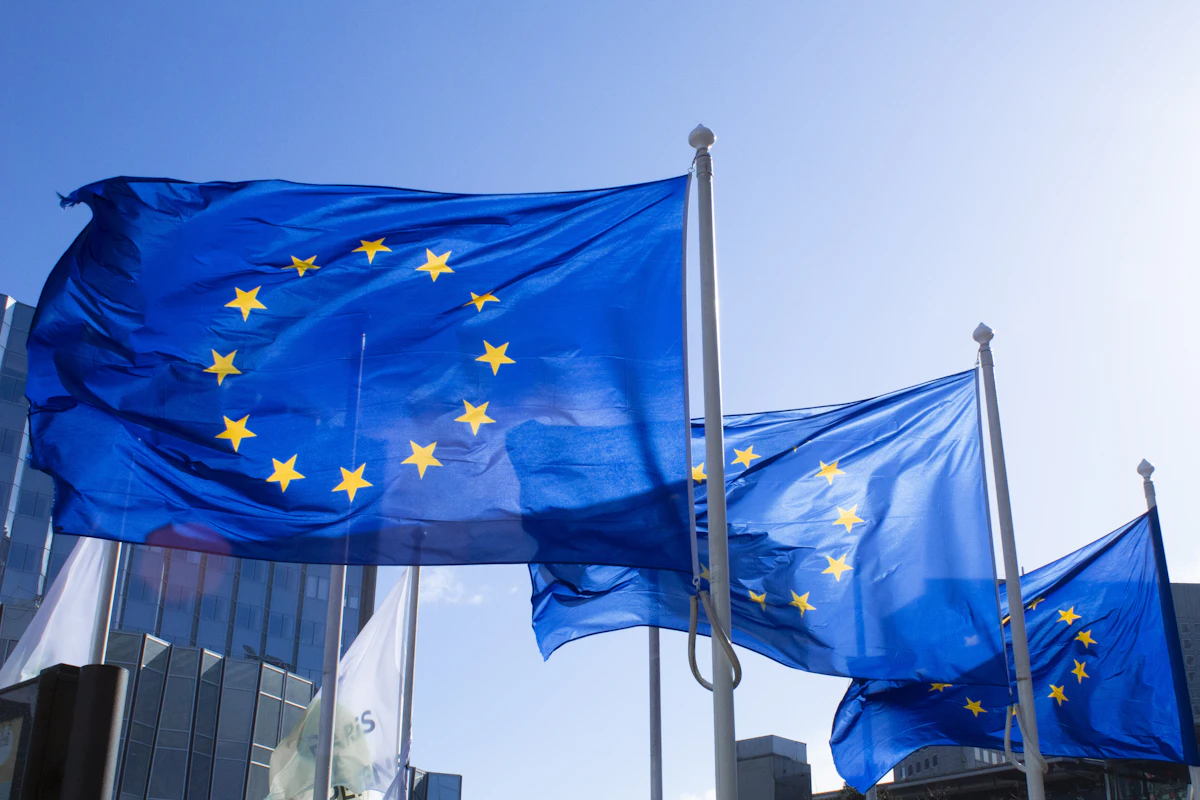 Bandiere dell'Unione europea davanti a un edificio istituzionale