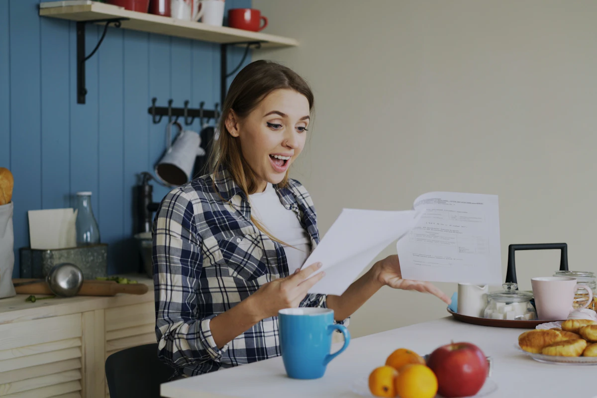 Donna in cucina che legge con sorpresa bollette e documenti